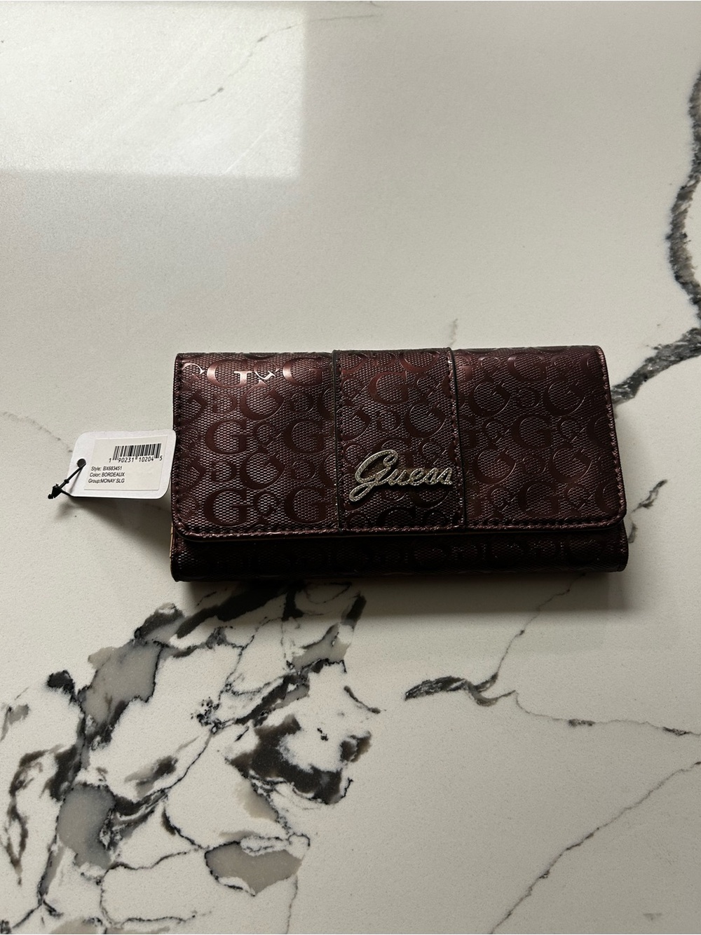 Guess Signature Tri-Fold Wallet in Deep Burgundy
